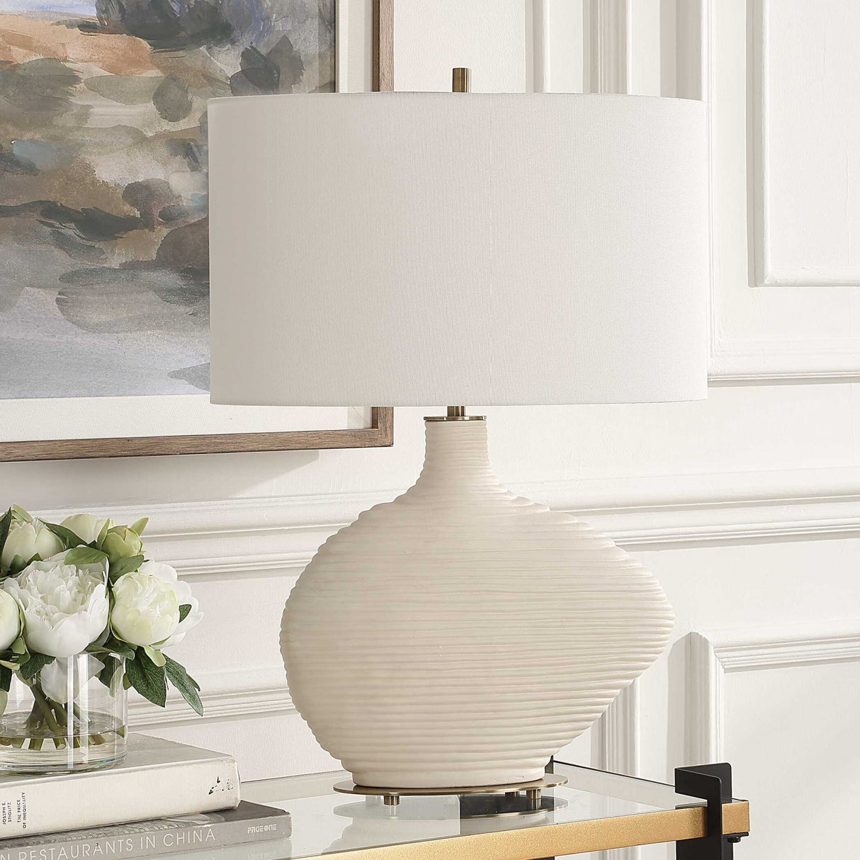 White Ceramic Organic-Shaped Table Lamp by Uttermost Duostacked, alternate view 7