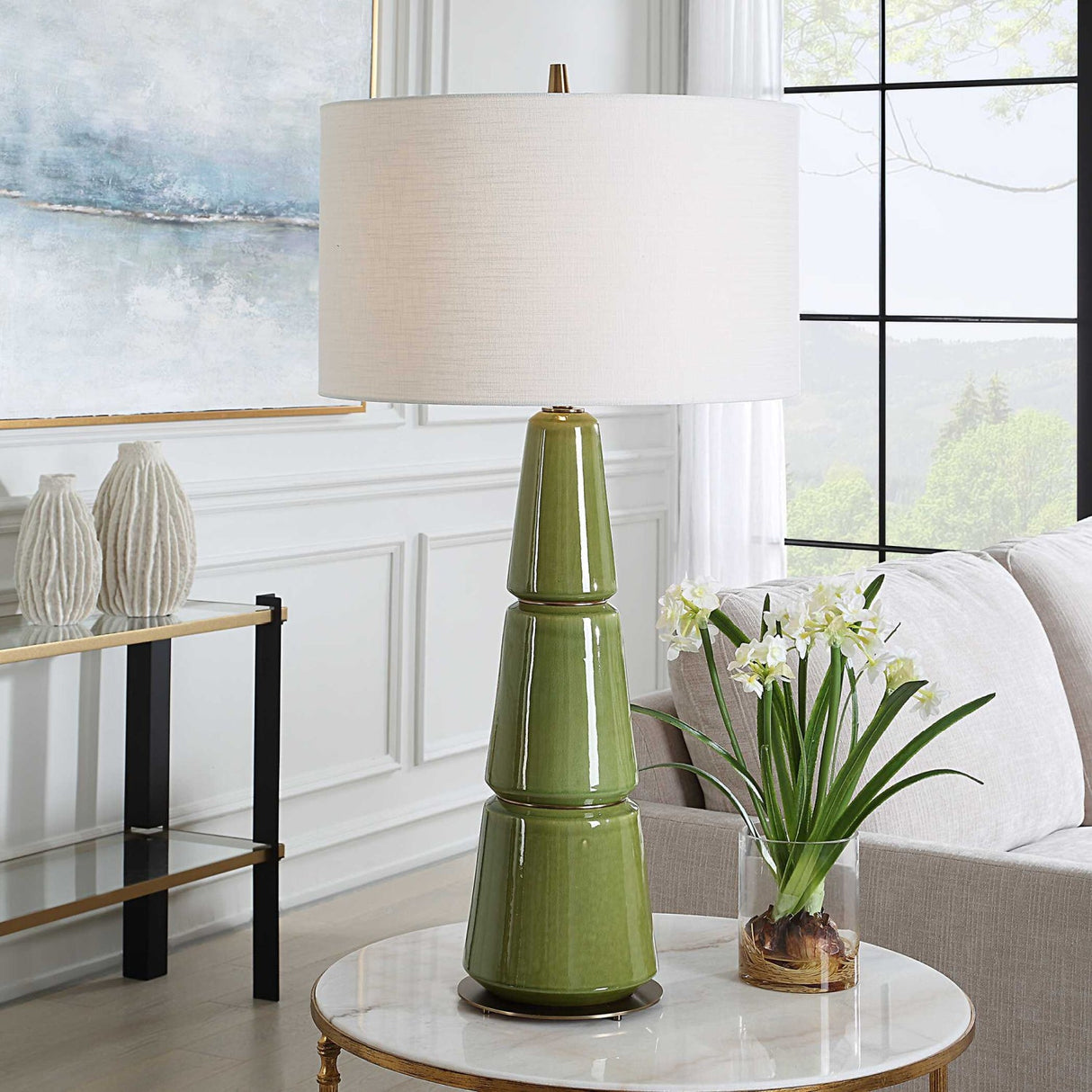 Stacked Green Ceramic Table Lamp by Uttermost Mendell, alternate view 2