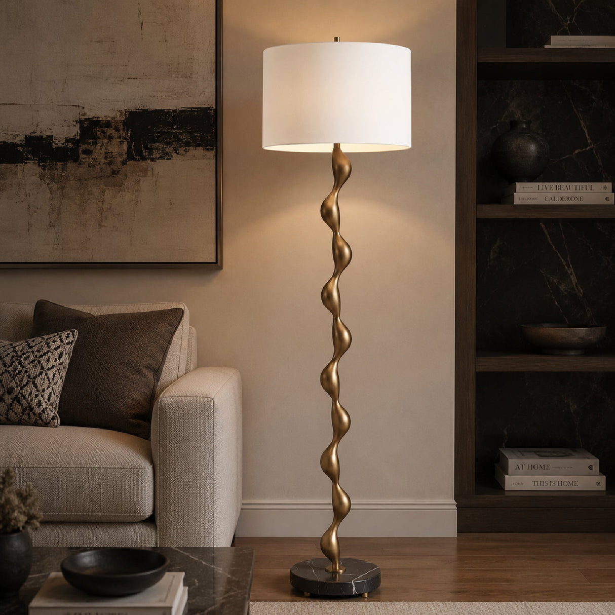 Wavy Bronze Floor Lamp – Remolino – angled view
