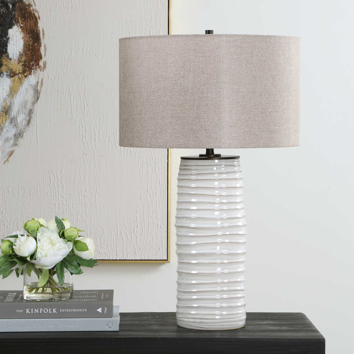 Modern European furniture - Ridged White Ceramic Table Lamp - www.oroa.com