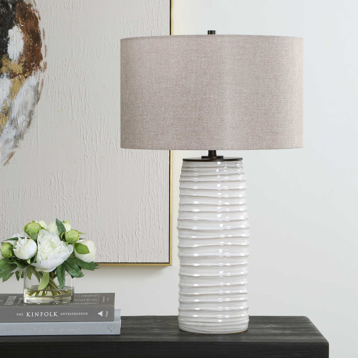 Modern European furniture - Ridged White Ceramic Table Lamp - www.oroa.com