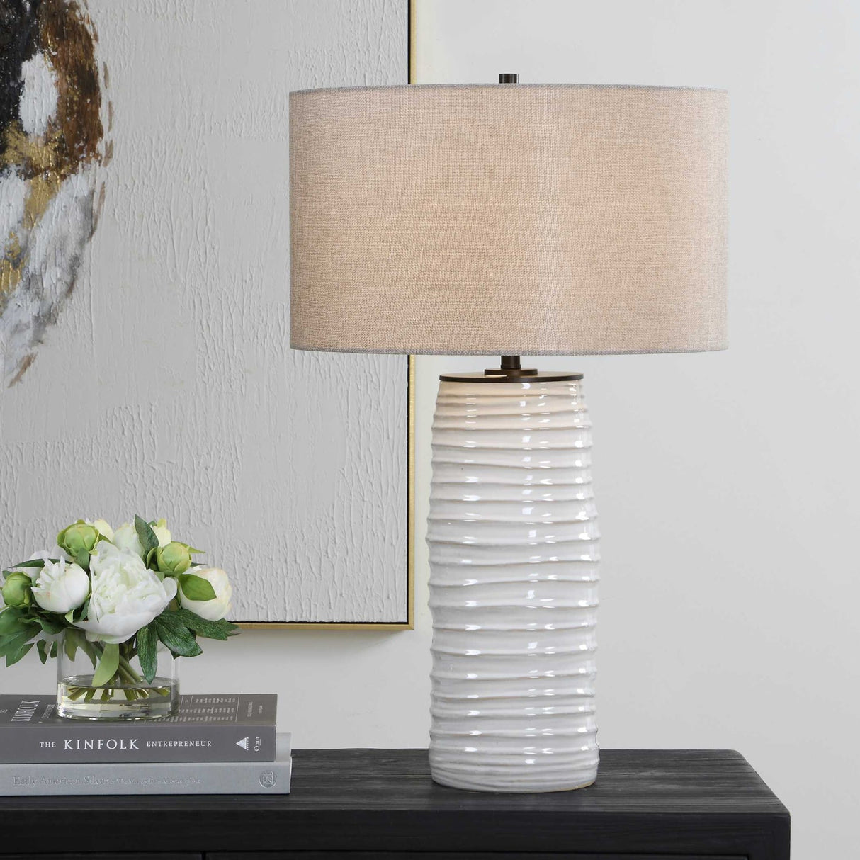 Modern European furniture - Ridged White Ceramic Table Lamp - www.oroa.com
