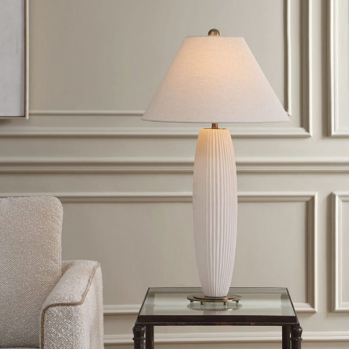 White Fluted Ceramic Table Lamp by Uttermost Brinsley, alternate view 2