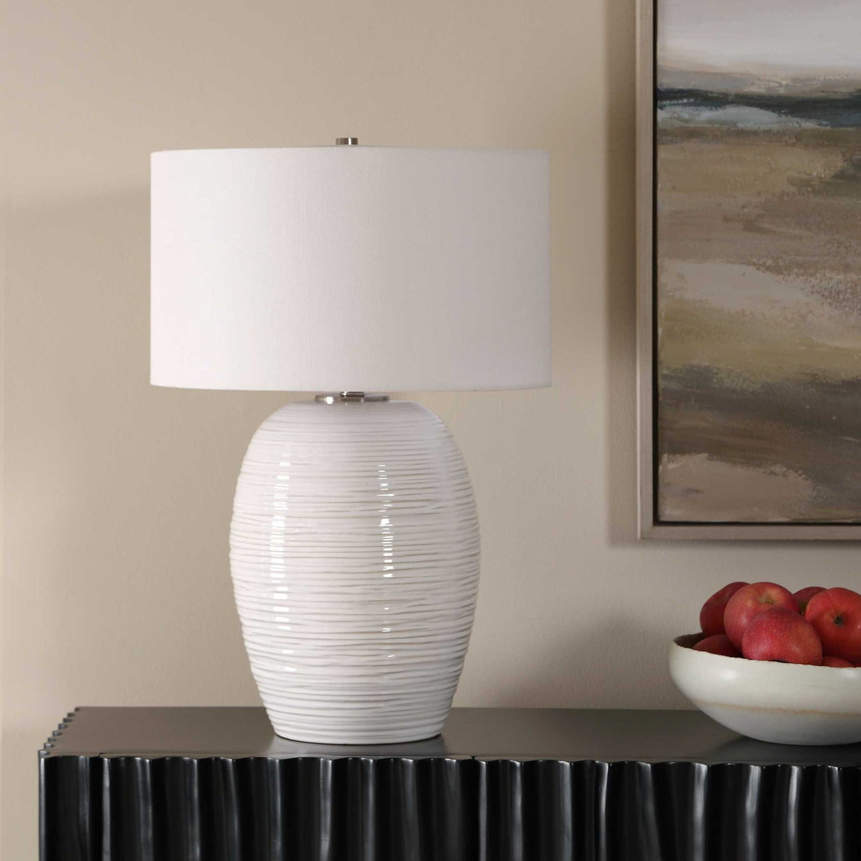 Modern European furniture - Ribbed White Ceramic Table Lamp - www.oroa.com
