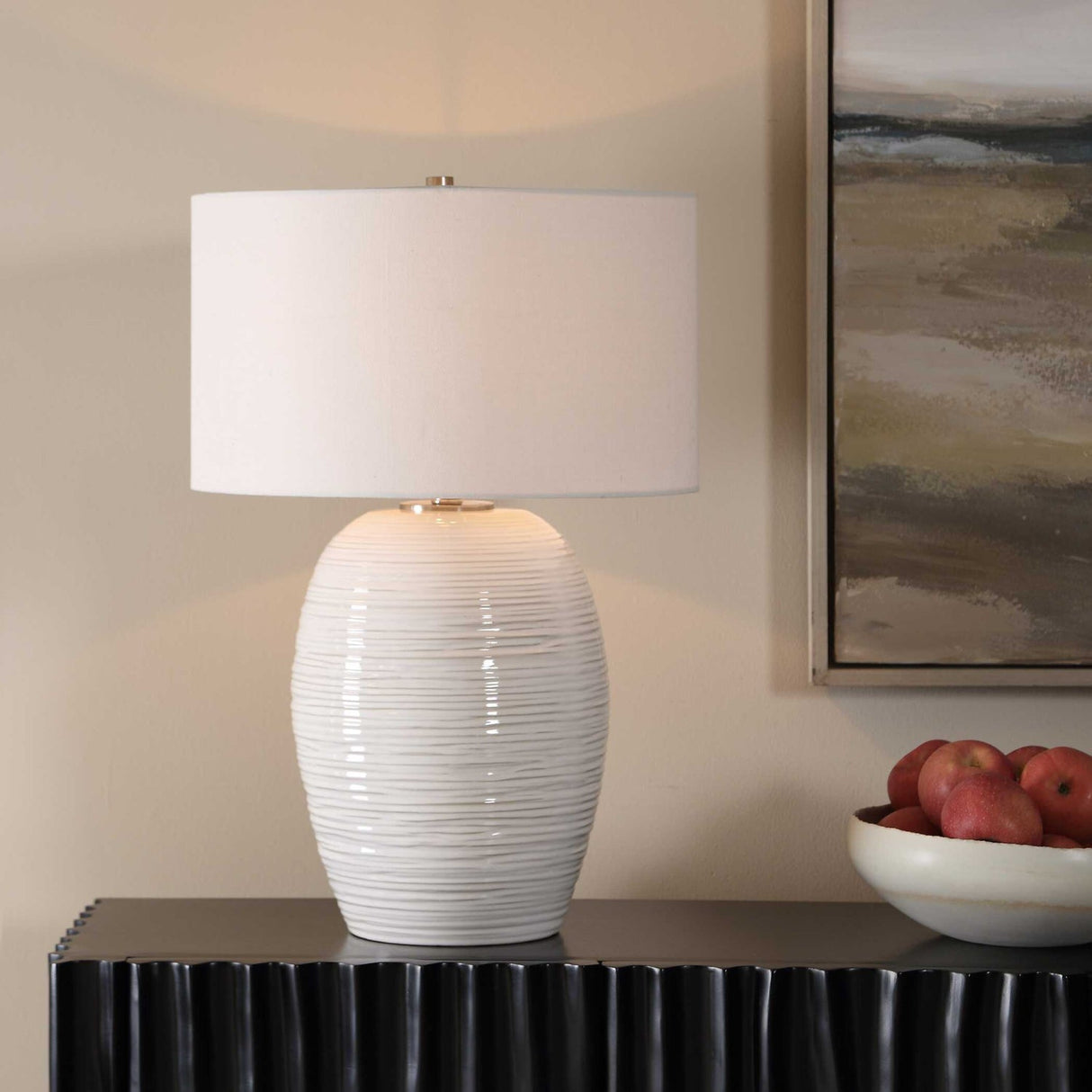 Modern European furniture - Ribbed White Ceramic Table Lamp - www.oroa.com