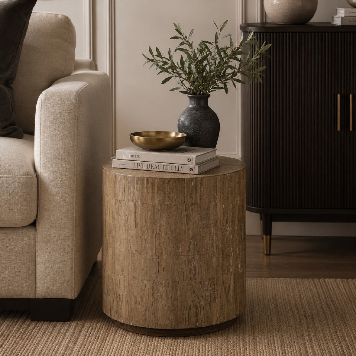 Modern European furniture - Mindi Wood Cylindrical Side Table - www.oroa.com