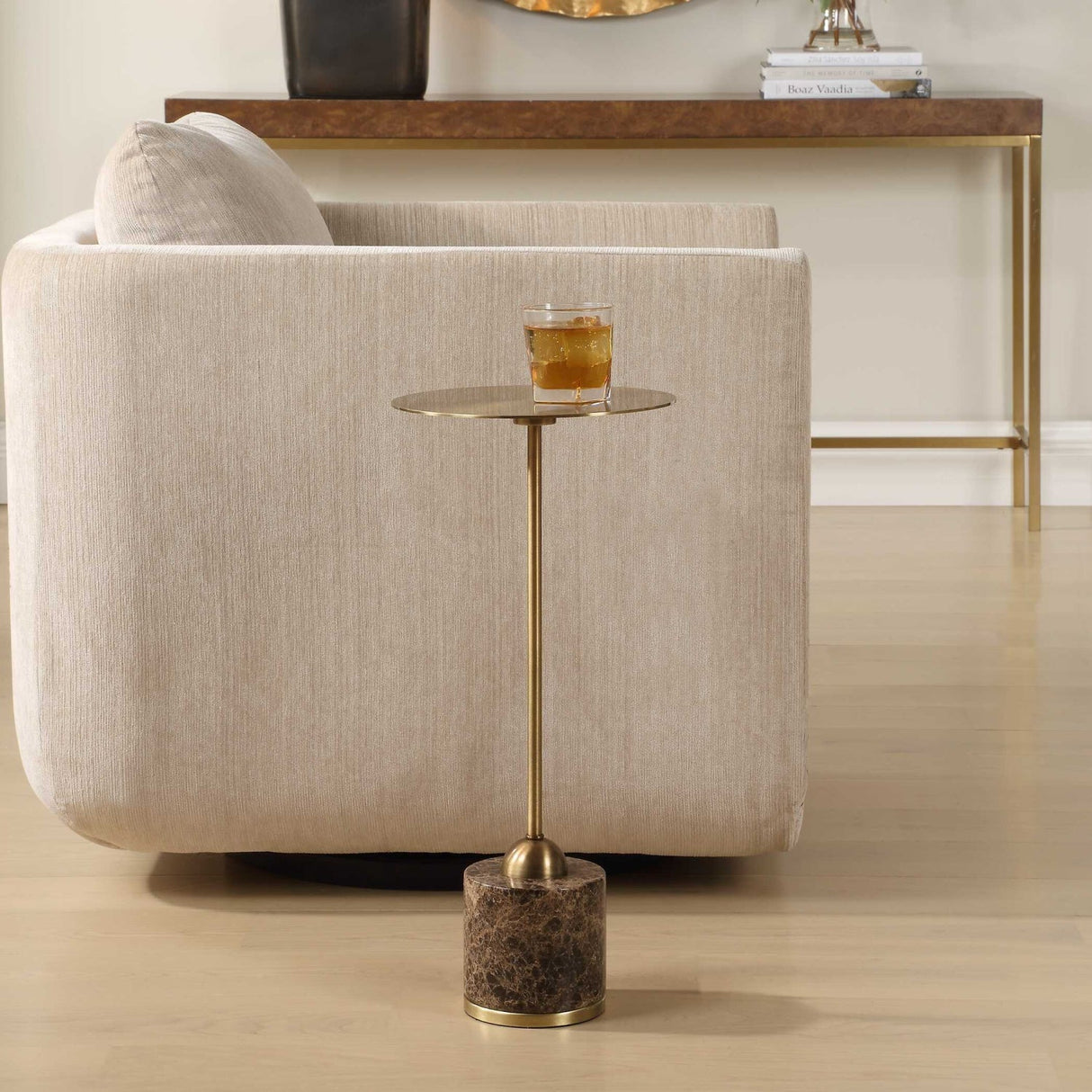 Brushed Brass Pedestal Drink Table by Uttermost Verlin, alternate view 2