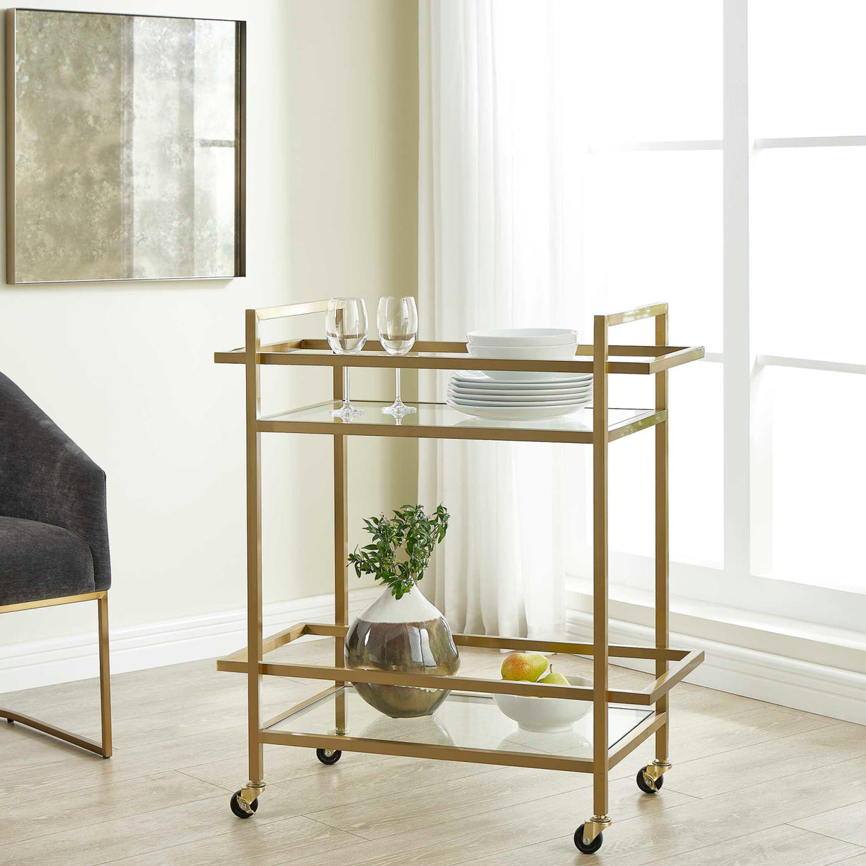 Modern European furniture - Brass Framed Glass Bar Cart - www.oroa.com