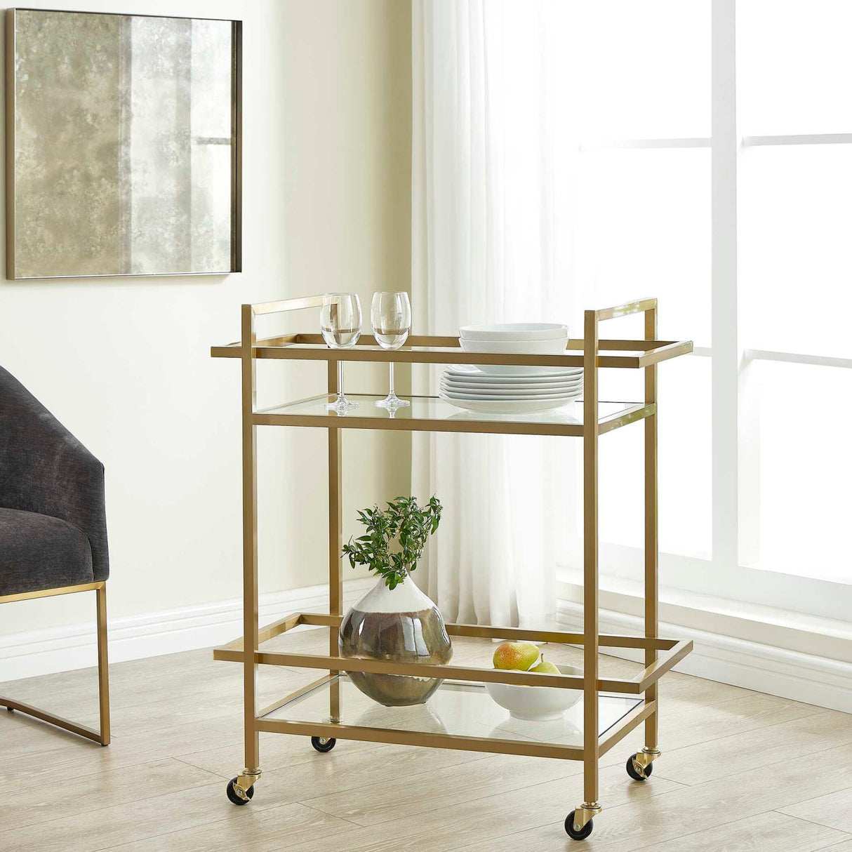 Modern European furniture - Brass Framed Glass Bar Cart - www.oroa.com