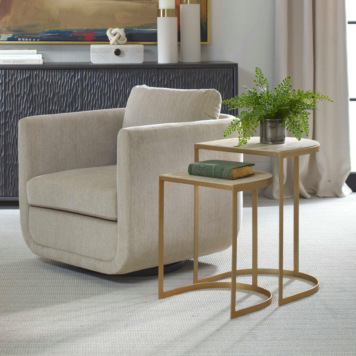 Gold Framed Travertine Nesting Table by Uttermost Lindon, alternate view 9