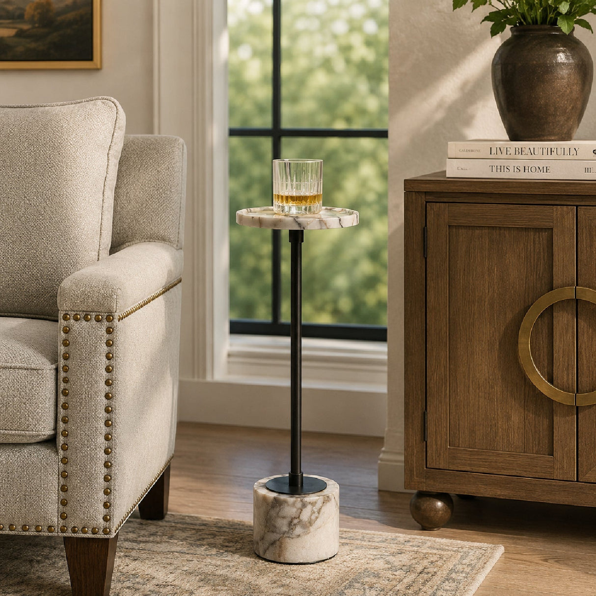 White Marble Round Drink Table by Uttermost Brunson, alternate view 2