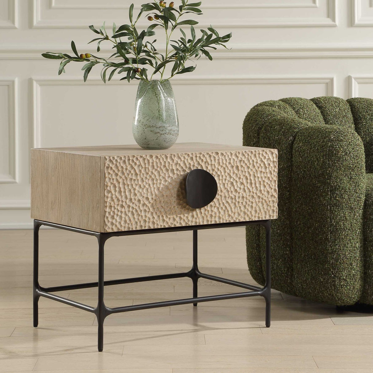 Modern European furniture - Carved Elm 1-Drawer Side Table - www.oroa.com