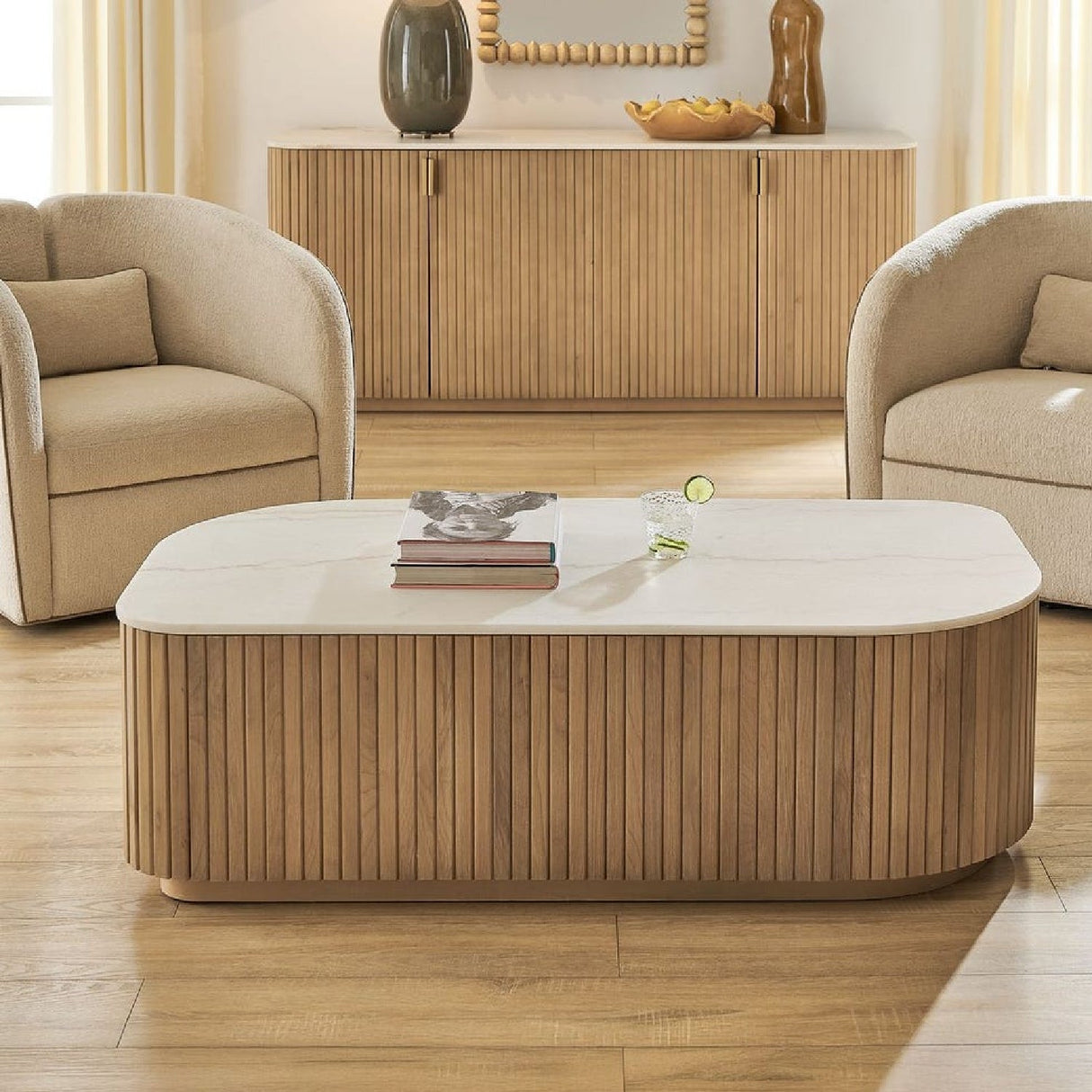 Reeded Base Marble Coffee Table by Uttermost Arik, alternate view 7