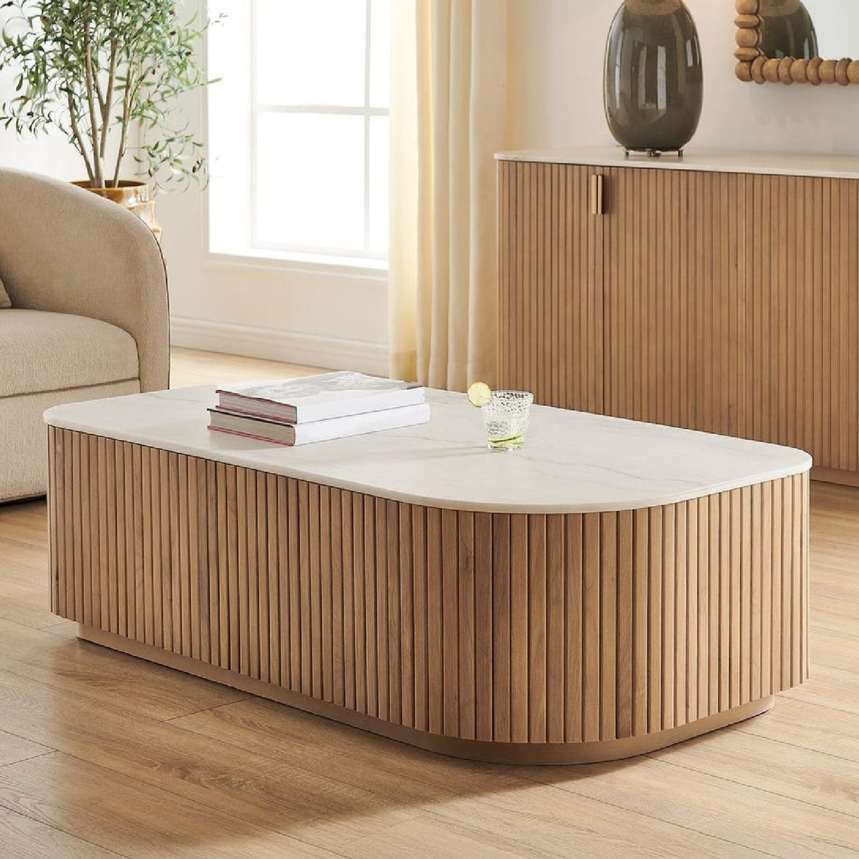 Reeded Base Marble Coffee Table by Uttermost Arik, alternate view 2