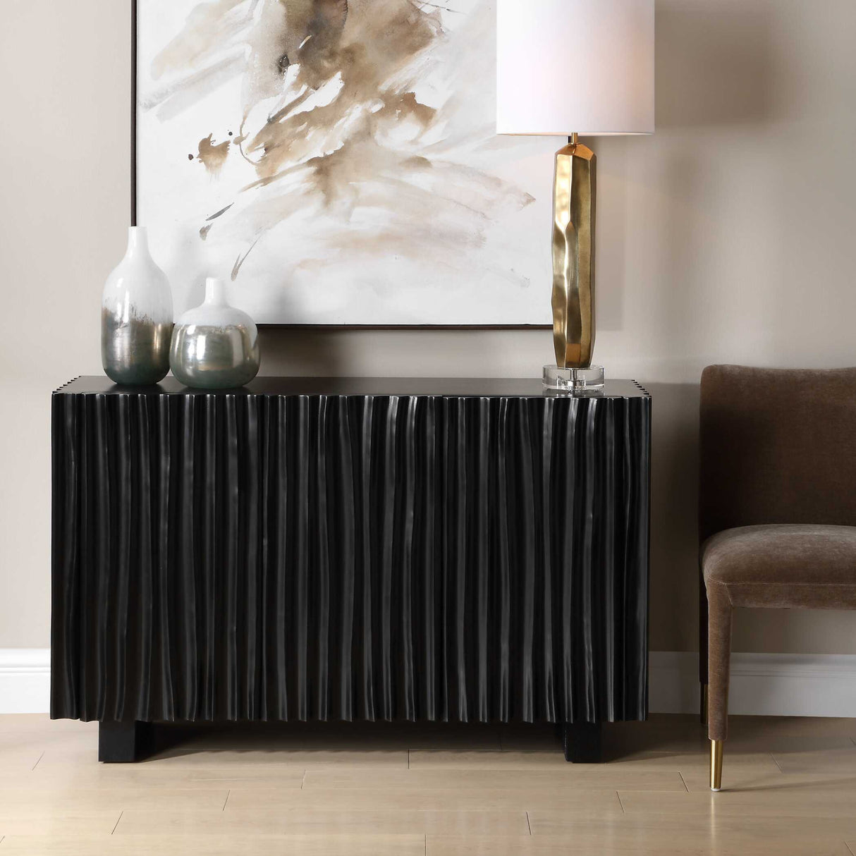 Black Carved Wooden 3-Door Cabinet | Oroa.com