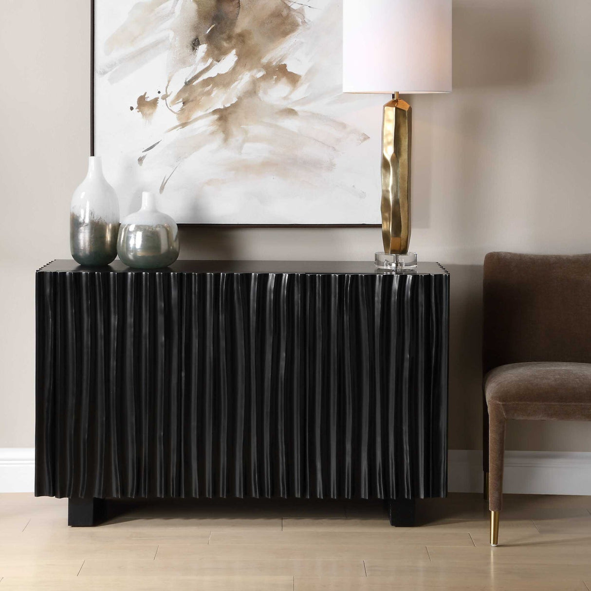 Black Carved Wooden 3-Door Cabinet by Uttermost Mercado, alternate view 2