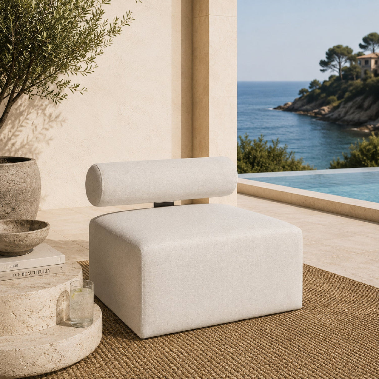 White Fabric Outdoor Sofa by Uttermost Bolster, alternate view 2