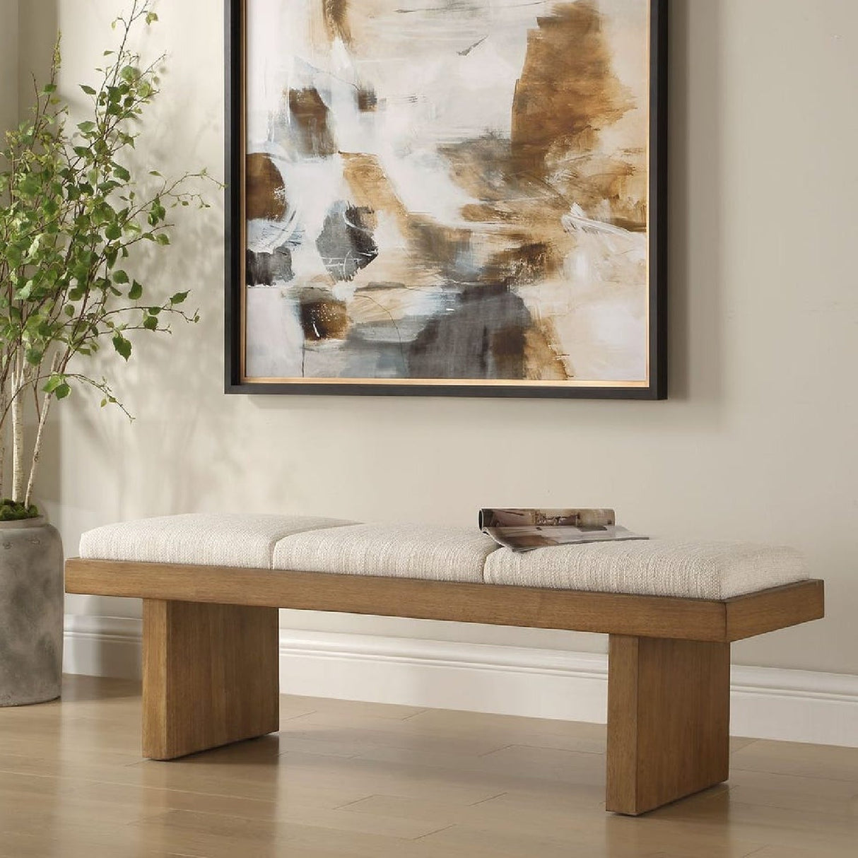 Wood Framed White Boucle Bench by Uttermost Haden, alternate view 2