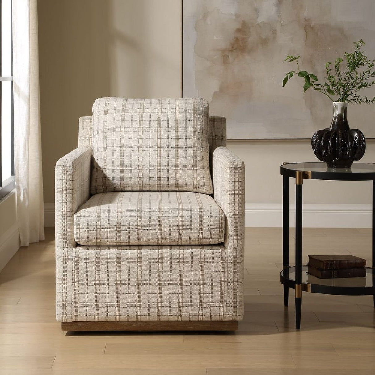 Beige Plaid Linen Swivel Chair by Uttermost Basie, alternate view 2
