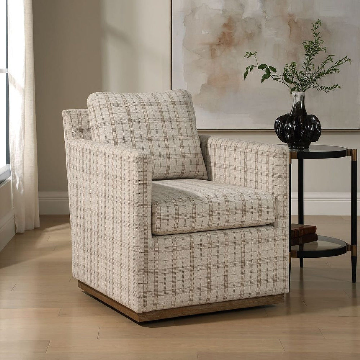 Beige Plaid Linen Swivel Chair by Uttermost Basie, alternate view 8