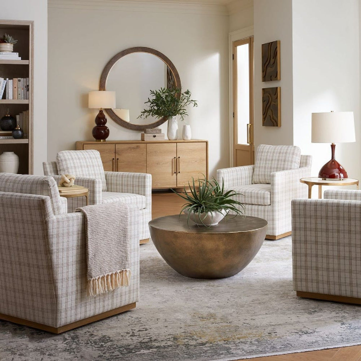 Beige Plaid Linen Swivel Chair by Uttermost Basie, alternate view 9