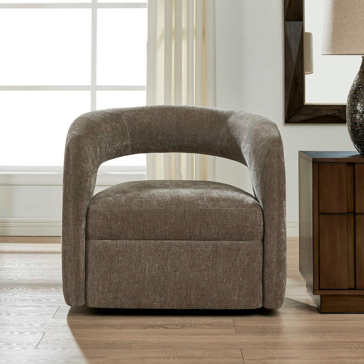 Modern European furniture - Taupe Velvet Swivel Chair - www.oroa.com