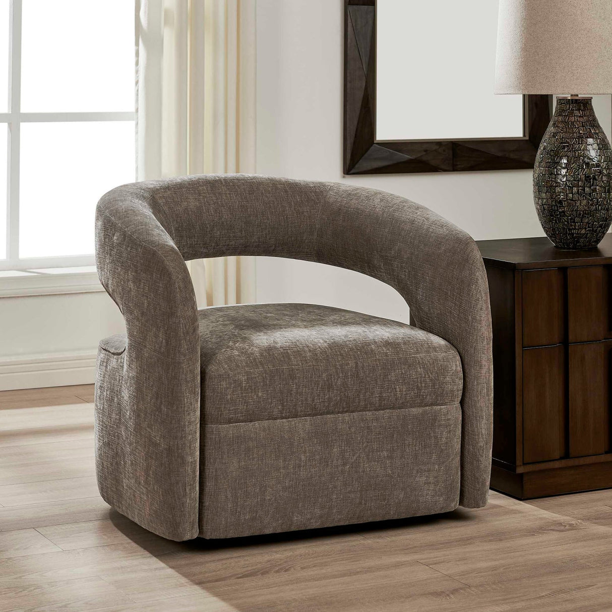 Modern European furniture - Taupe Velvet Swivel Chair - www.oroa.com