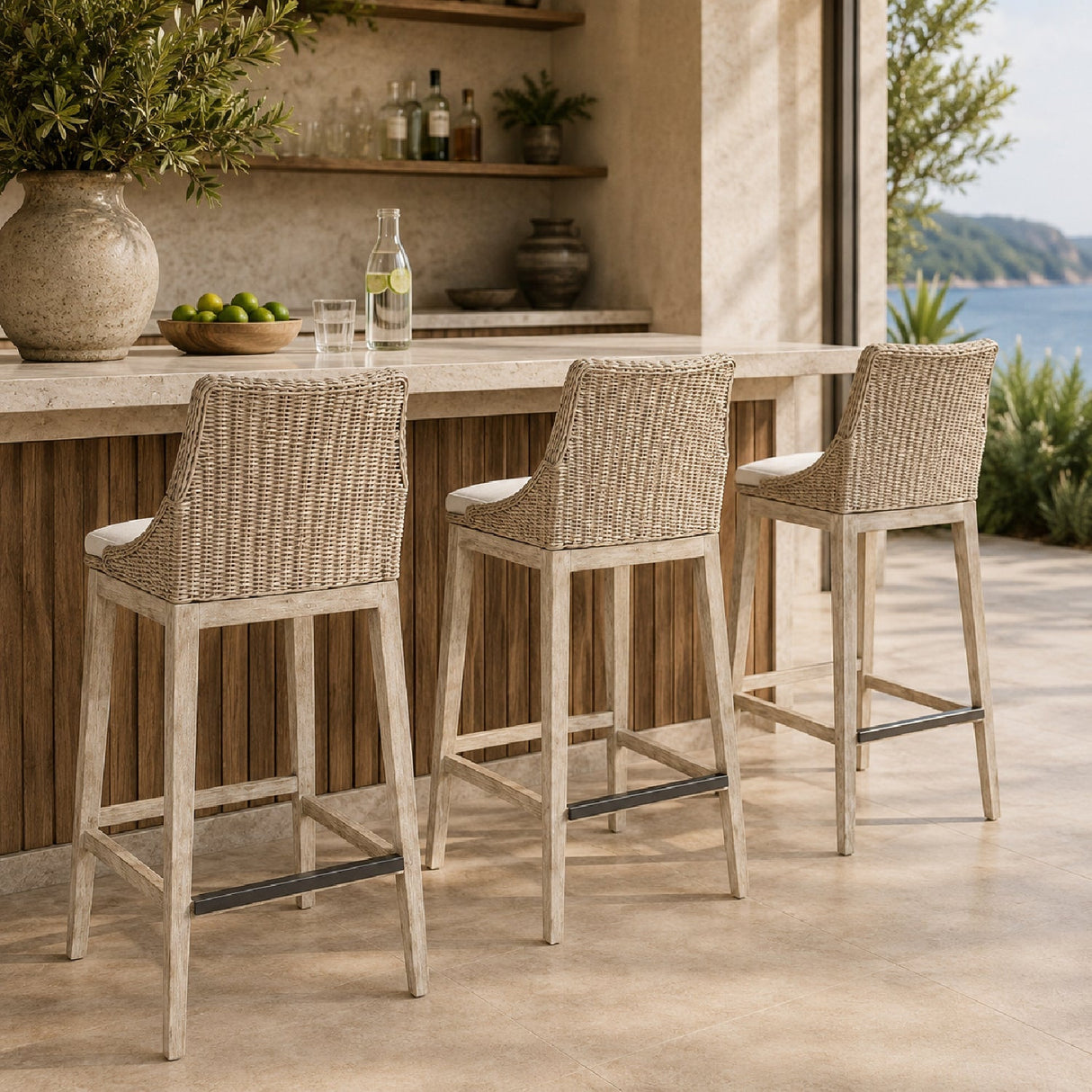 Cream Wicker Outdoor Bar Stool by Uttermost Paloma, alternate view 2
