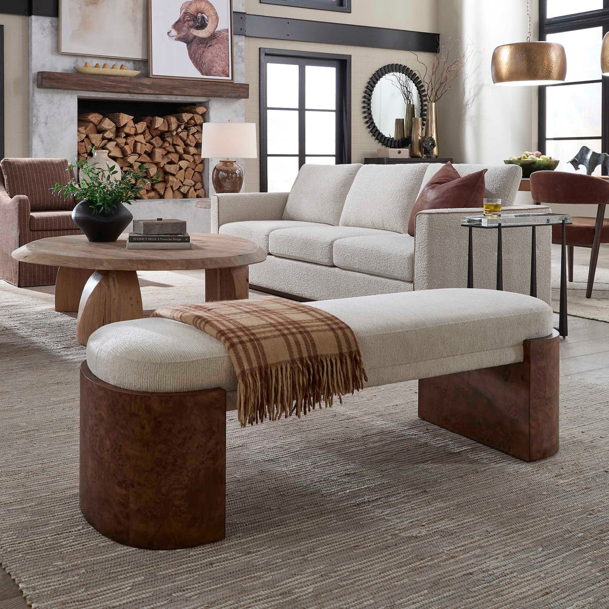 Modern European furniture - Burl Framed White Fabric Bench - www.oroa.com