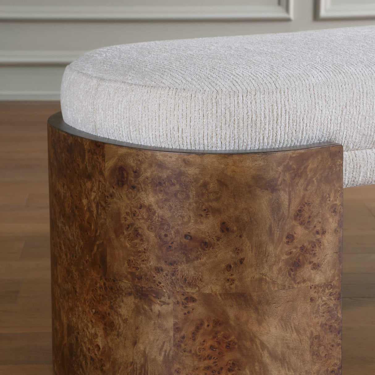 Modern European furniture - Burl Framed White Fabric Bench - www.oroa.com