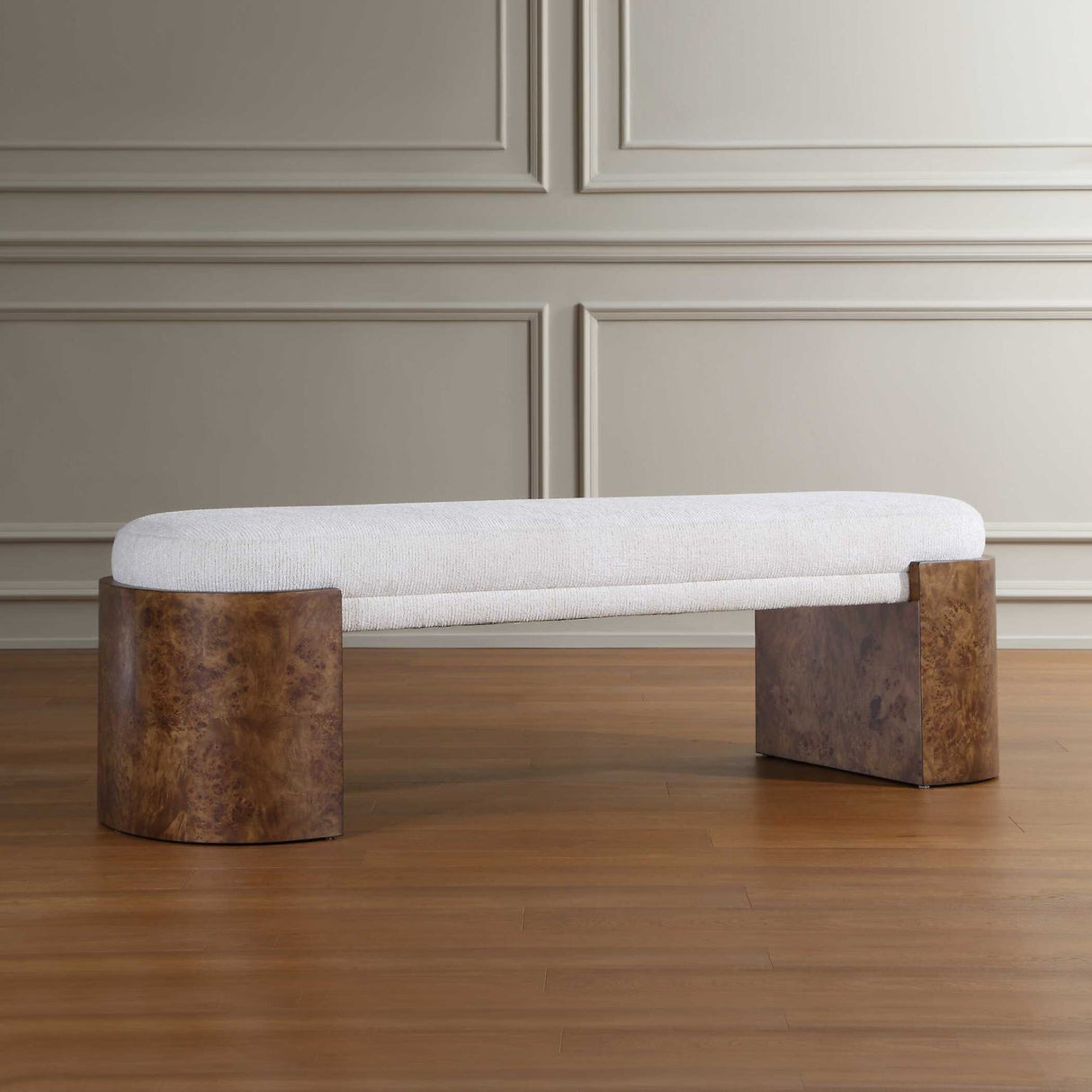 Modern European furniture - Burl Framed White Fabric Bench - www.oroa.com