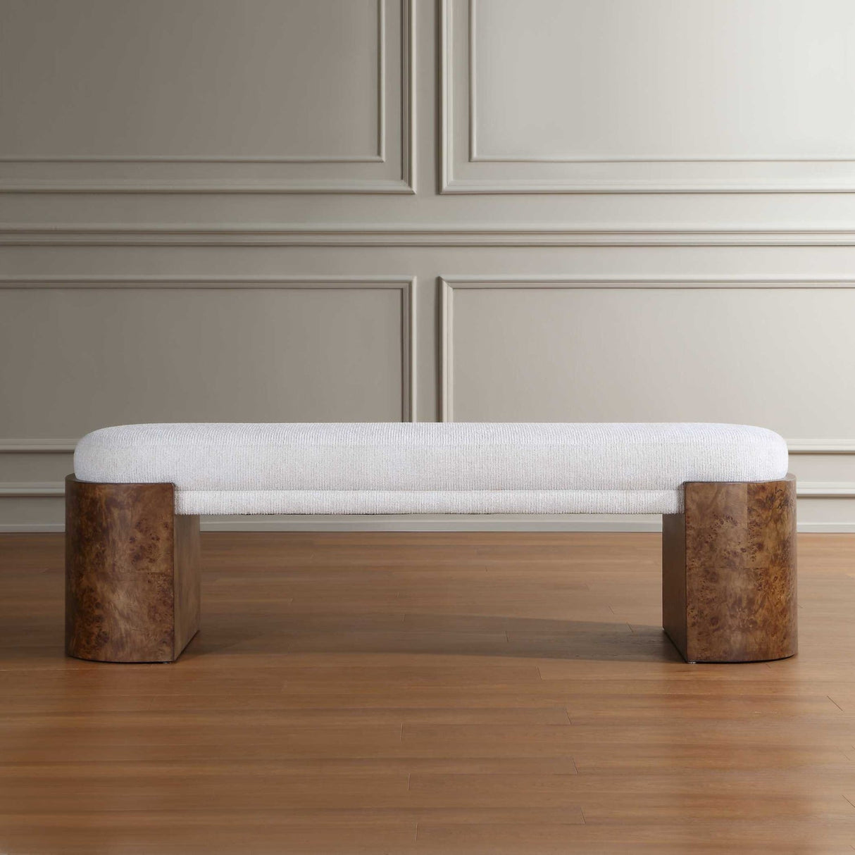 Modern European furniture - Burl Framed White Fabric Bench - www.oroa.com