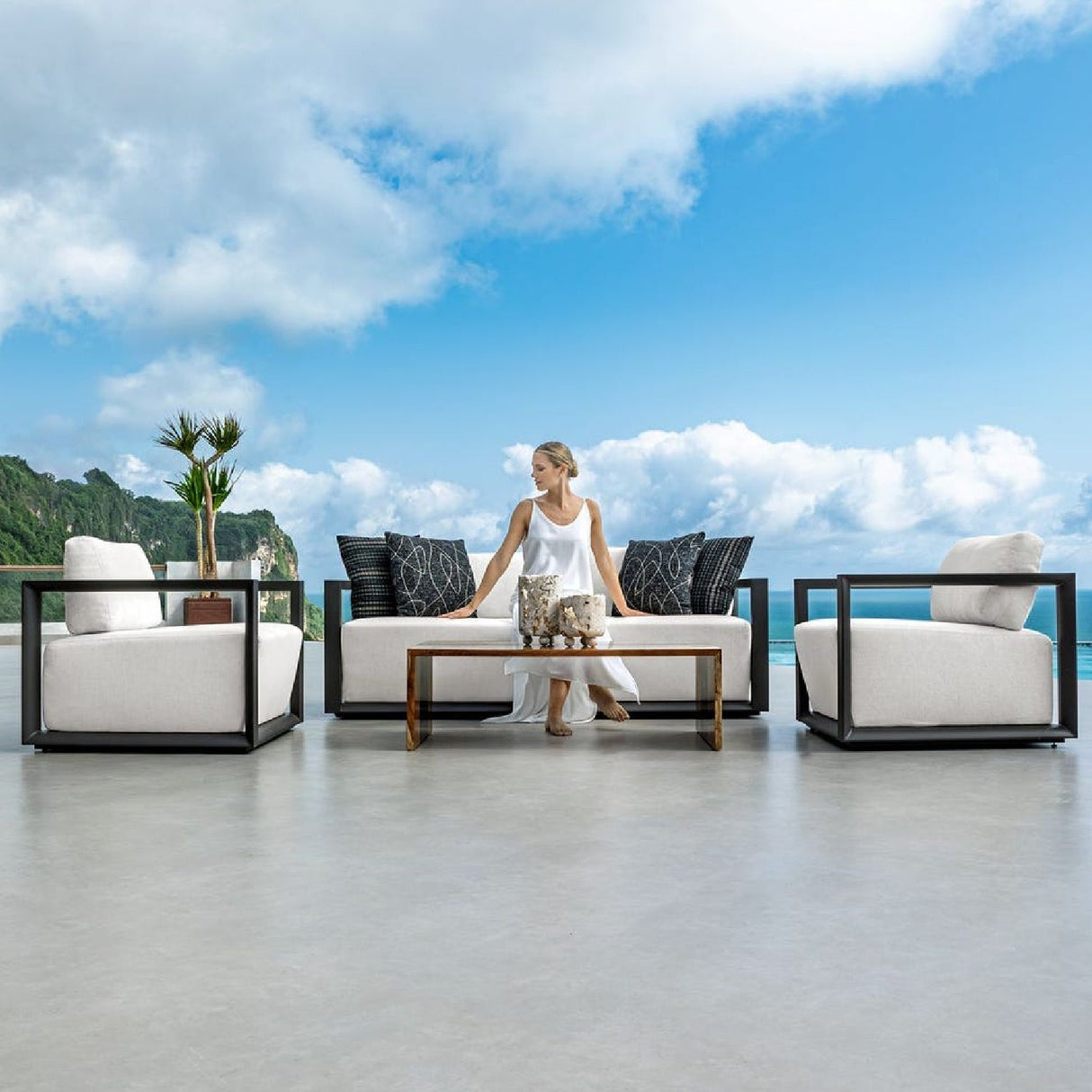 Modern European furniture - White Cushioned 3-Seater Outdoor Sofa - www.oroa.com