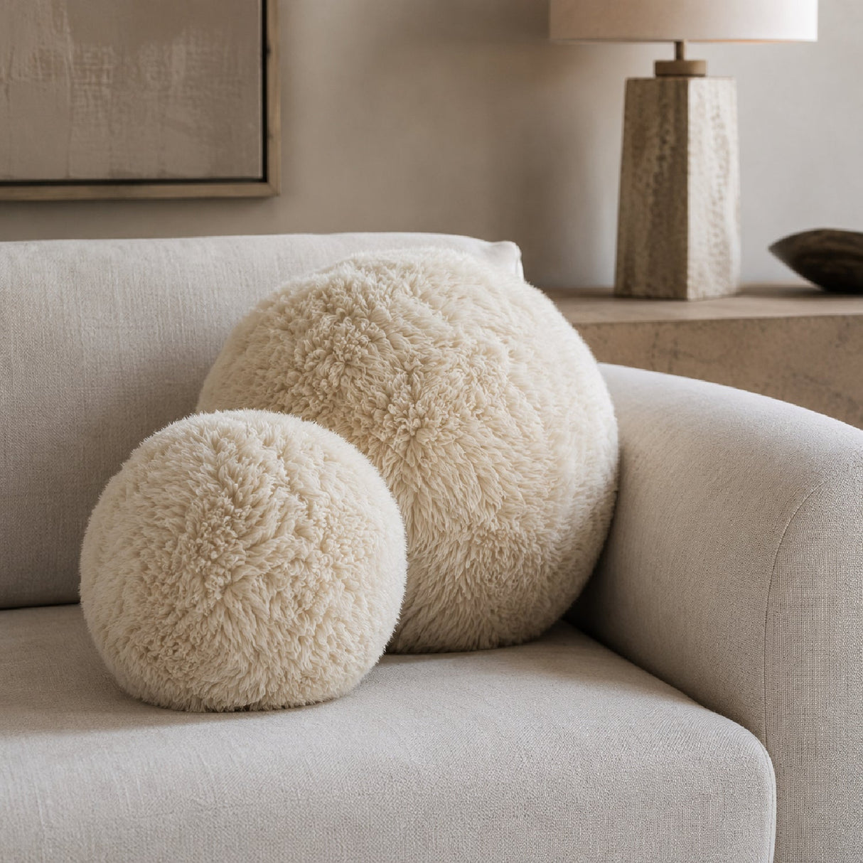 Modern European furniture - Cream Sheepskin-Look Ball Pillows (2) - www.oroa.com