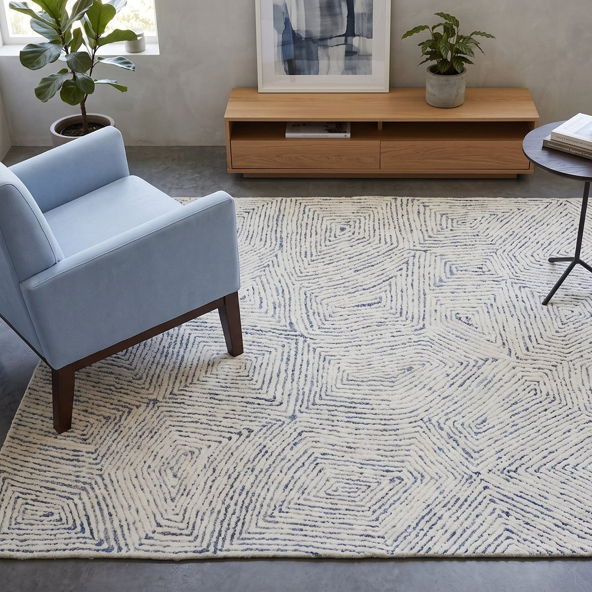 Hand-Tufted Wool & Denim Rug – Maze – angled view