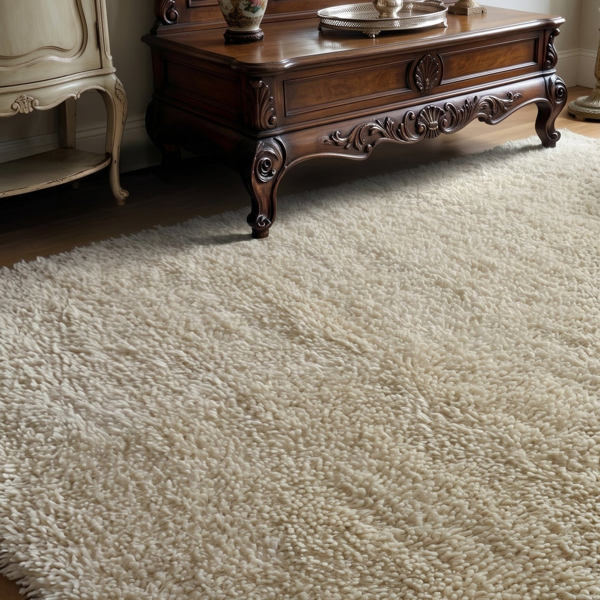 Handwoven Cream Wool Rug – Caramont – angled view