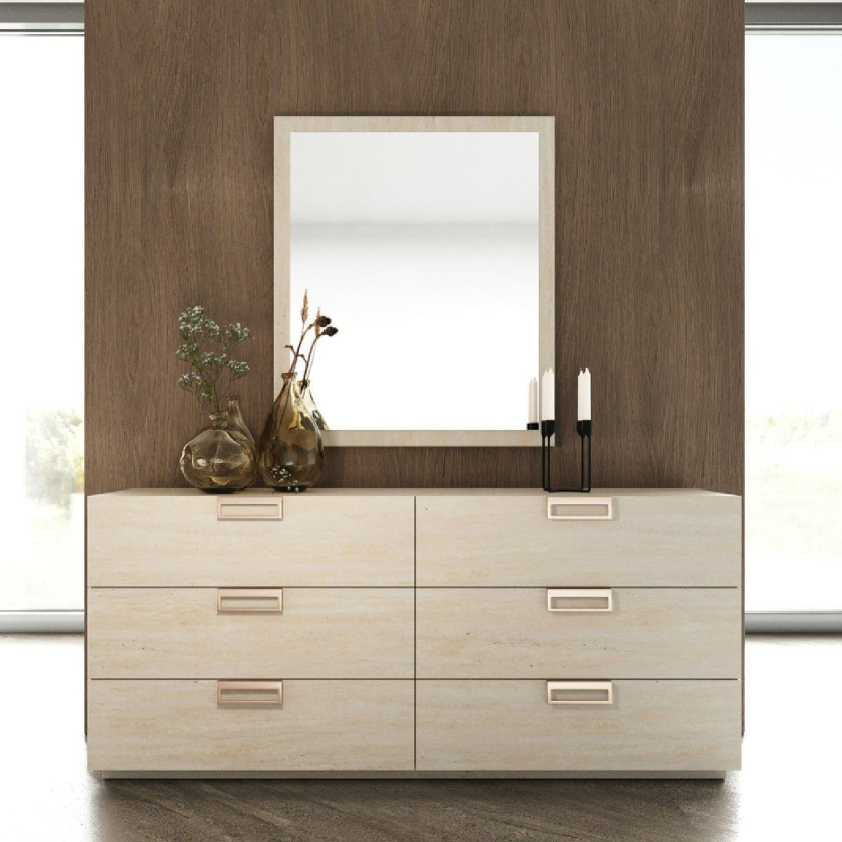 6-Drawer Travertine Dresser – Lago – angled view