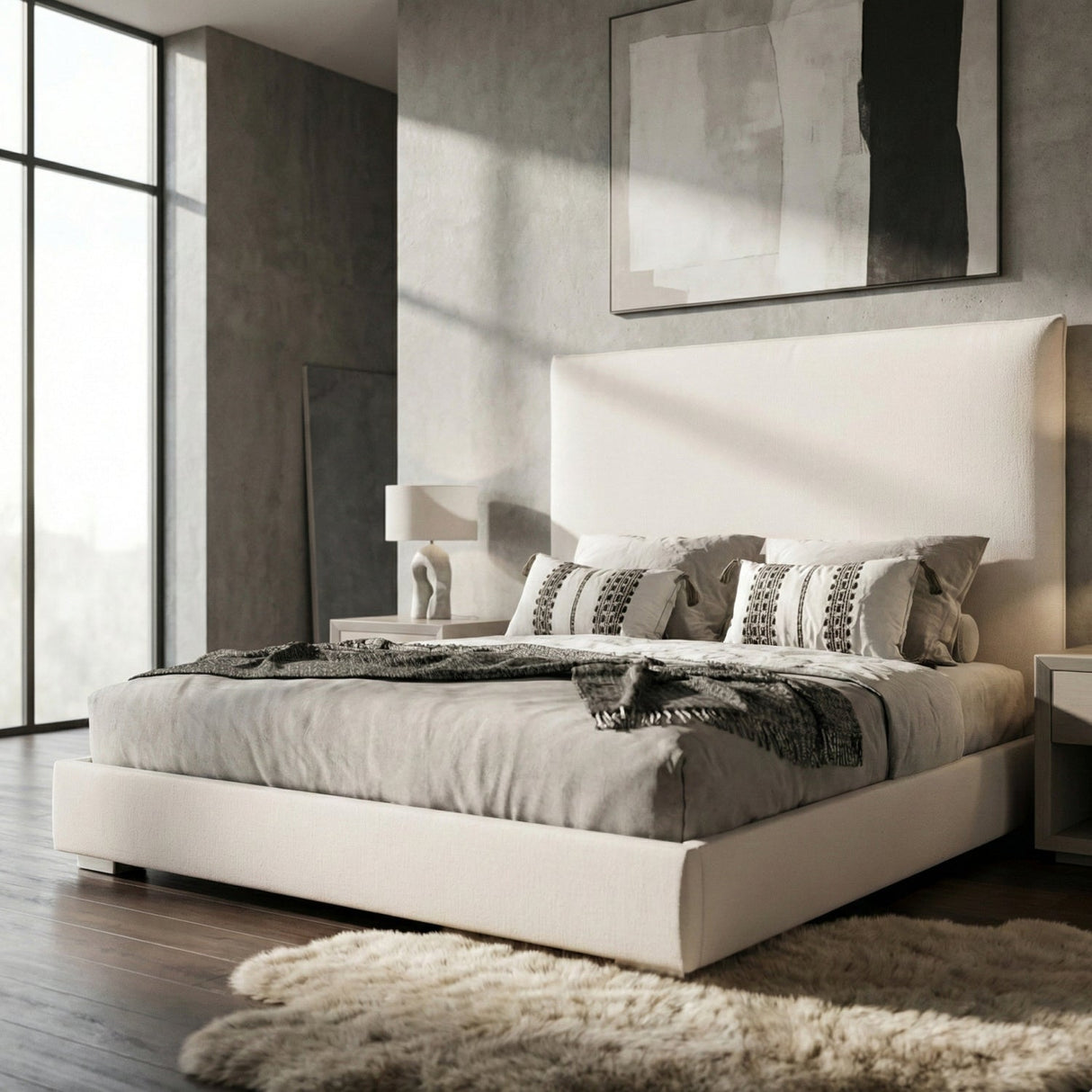 Beige High-Headboard Queen Bed – Nova – angled view