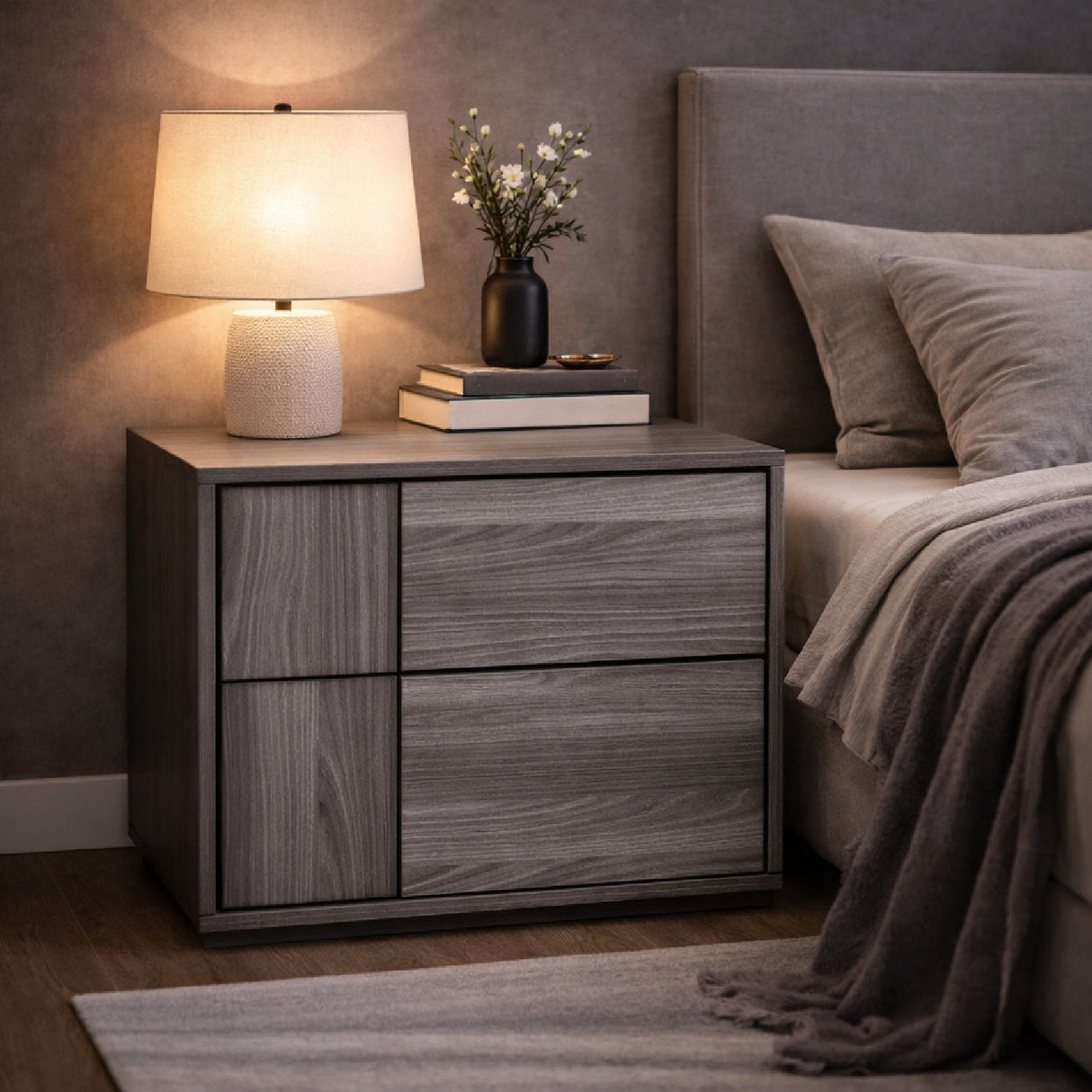 2-Drawer Gray Elm Nightstand – Asus – angled view