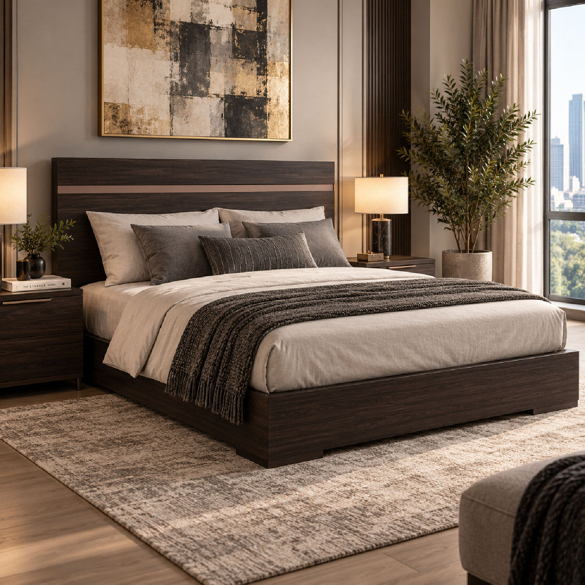 Dark Wooden Bed | OROA Modern Benzon