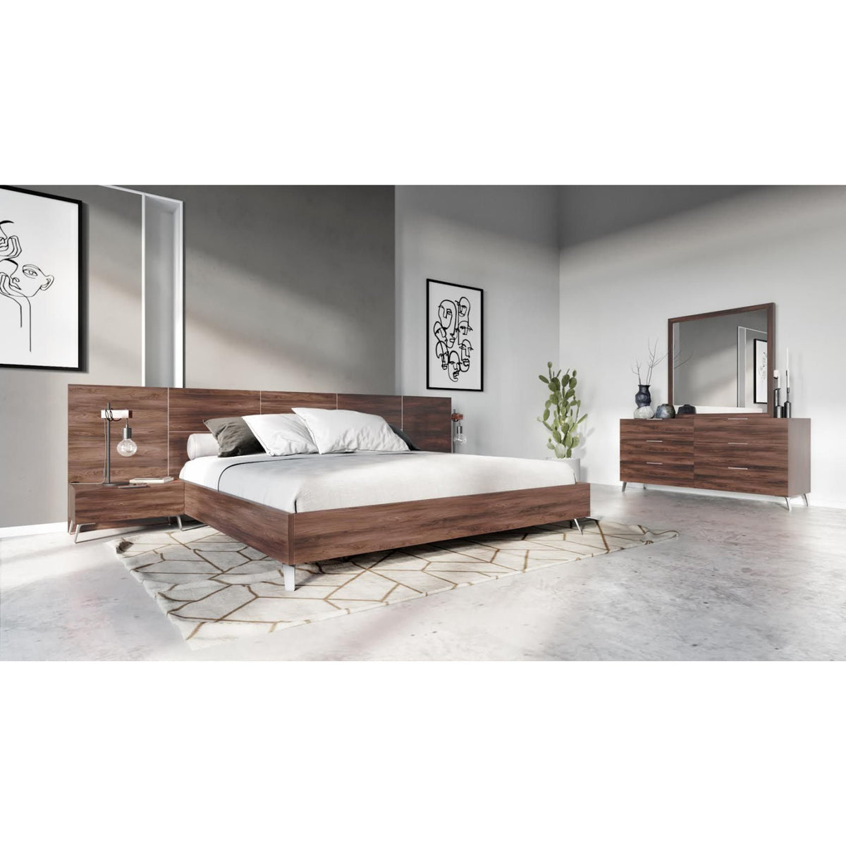 Walnut Extended-Headboard Queen Bed | OROA Modern Brooklyn