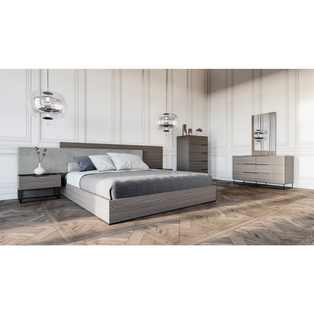 Modern European furniture - Gray Bed with Nightstands - www.oroa.com
