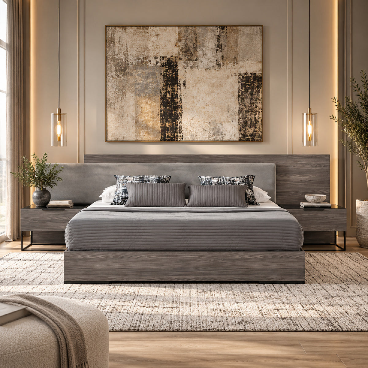 Modern European furniture - Gray Bed with Nightstands - www.oroa.com
