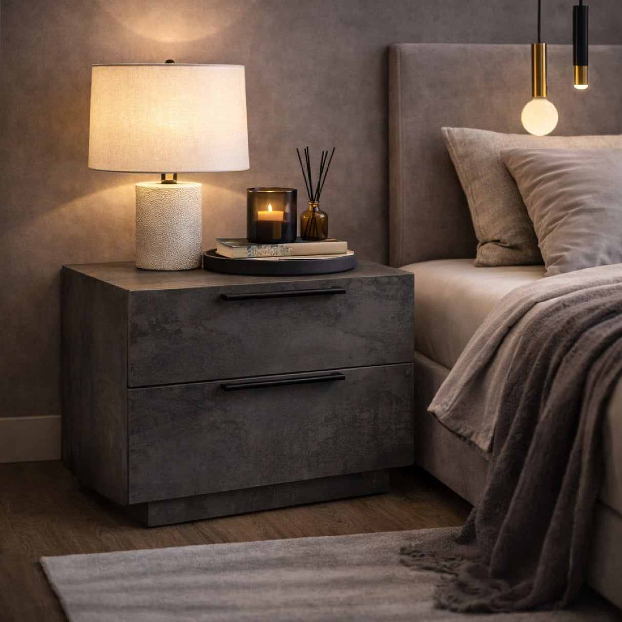 Volcano Oxide 2-Drawer Nightstand – Ferrara – angled view