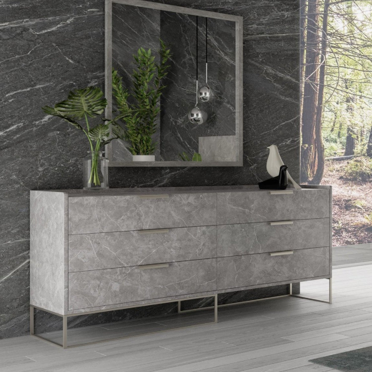 Gray Marble 6-Drawer Dresser – Marbella – angled view