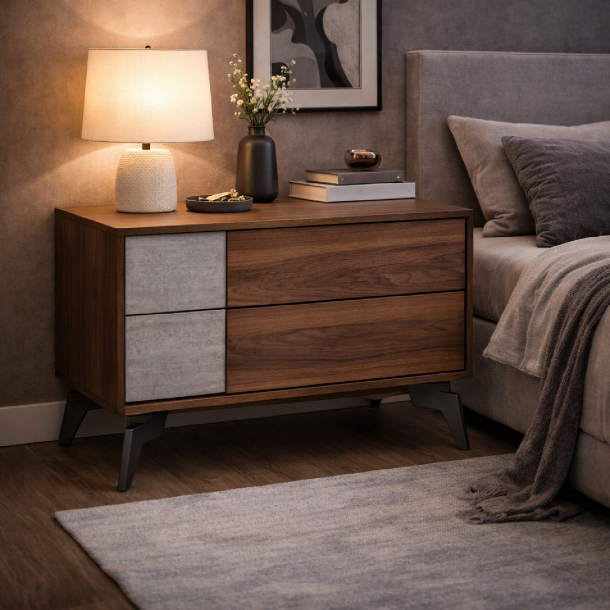 Concrete and Walnut 2-Drawer Nightstand – Palermo – angled view