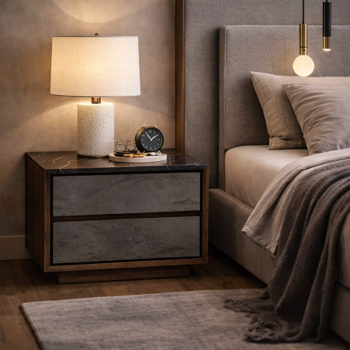 Gray Stucco 2-Drawer Nightstand – Rado – angled view