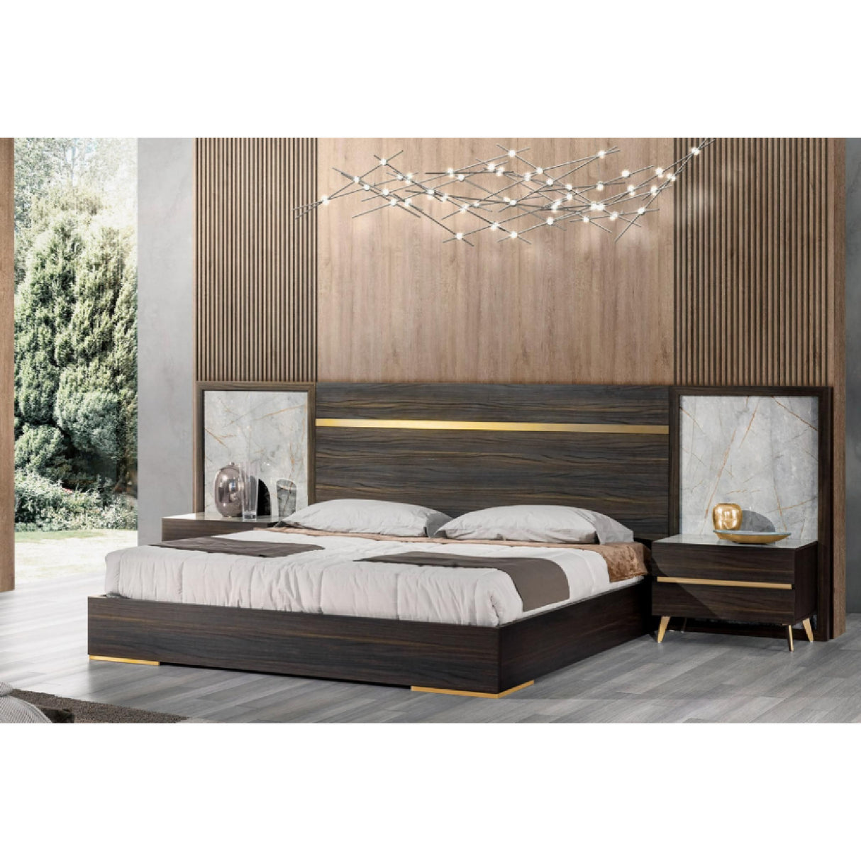 Velondra - Modern Eucalypto + Marble Bed with Two Nightstands | Oroa.com