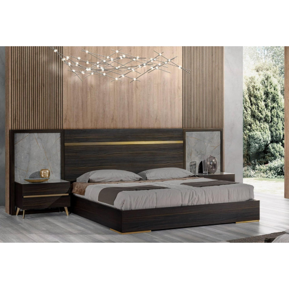 Velondra - Modern Eucalypto + Marble Bed with Two Nightstands | Oroa.com