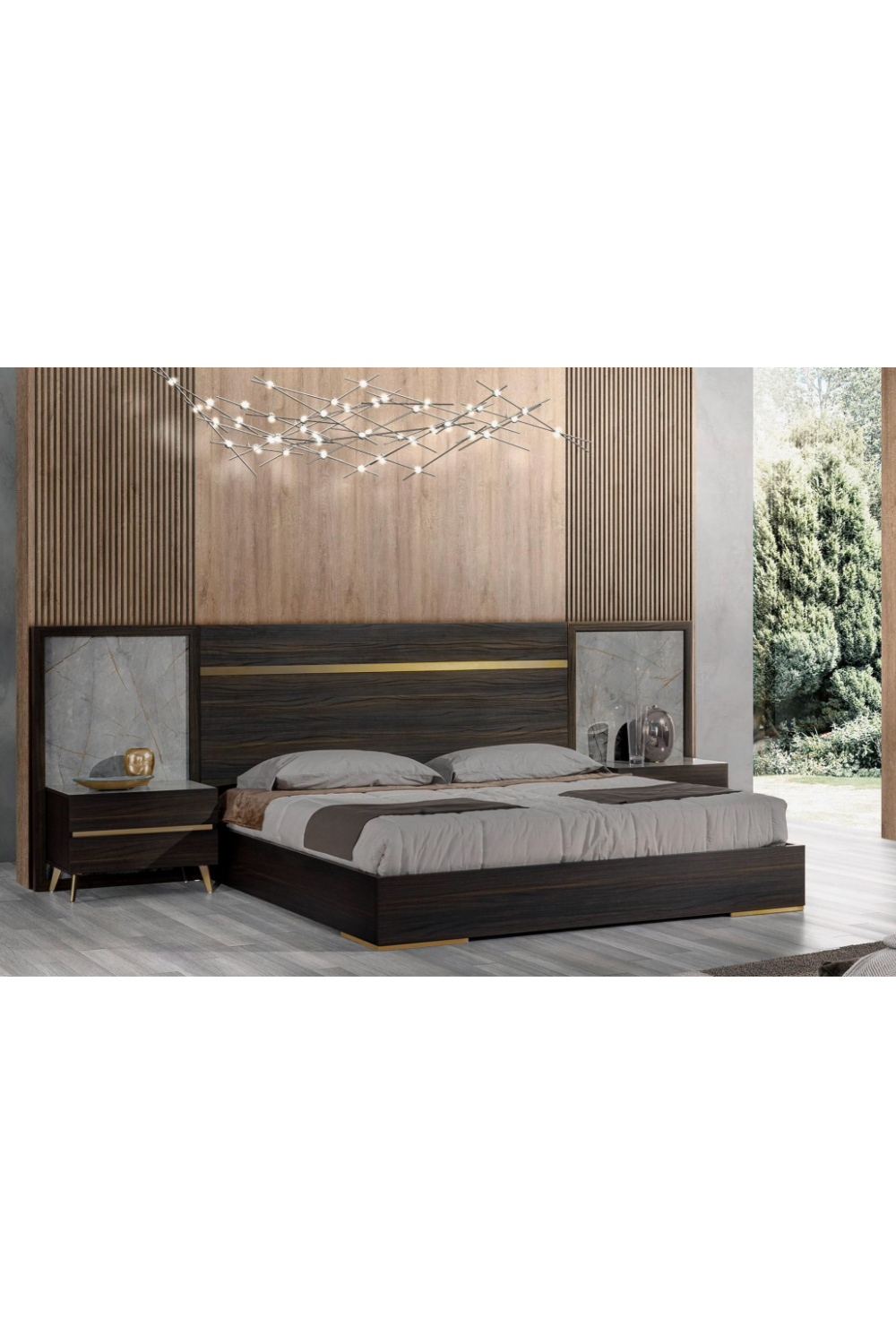 Velondra - Modern Eucalypto + Marble Bed with Two Nightstands | Oroa.com